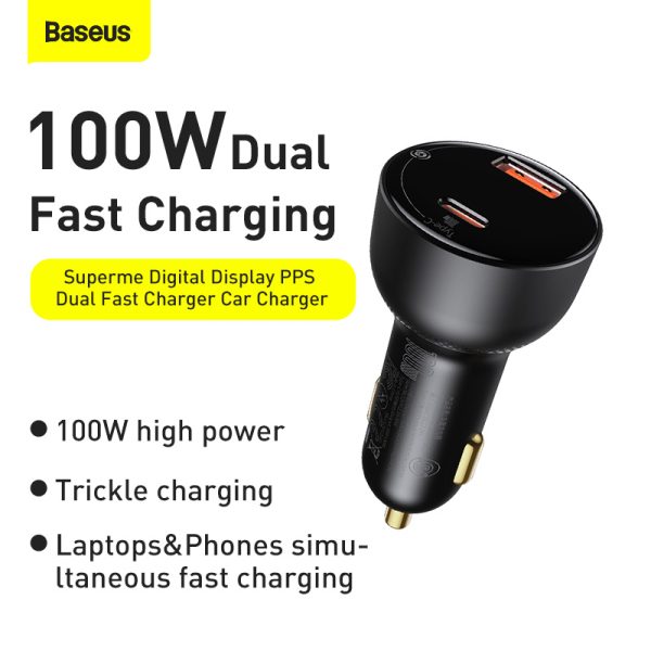 Baseus Chargeur De Voiture Affichage Numérique U+C 100W Black Avec Cable TYPE-C - TZCCZX-01