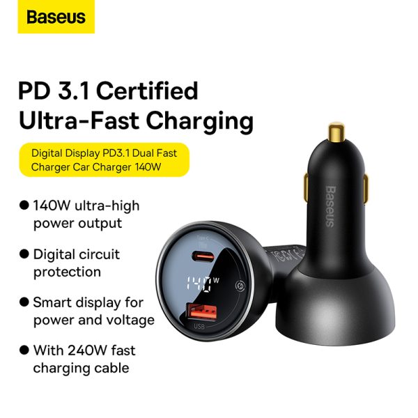 Baseus Chargeur De Voiture Affichage Numérique U+C 140W Black Avec Cable TYPE-C vers TYPE-C 240W - cgzx070001