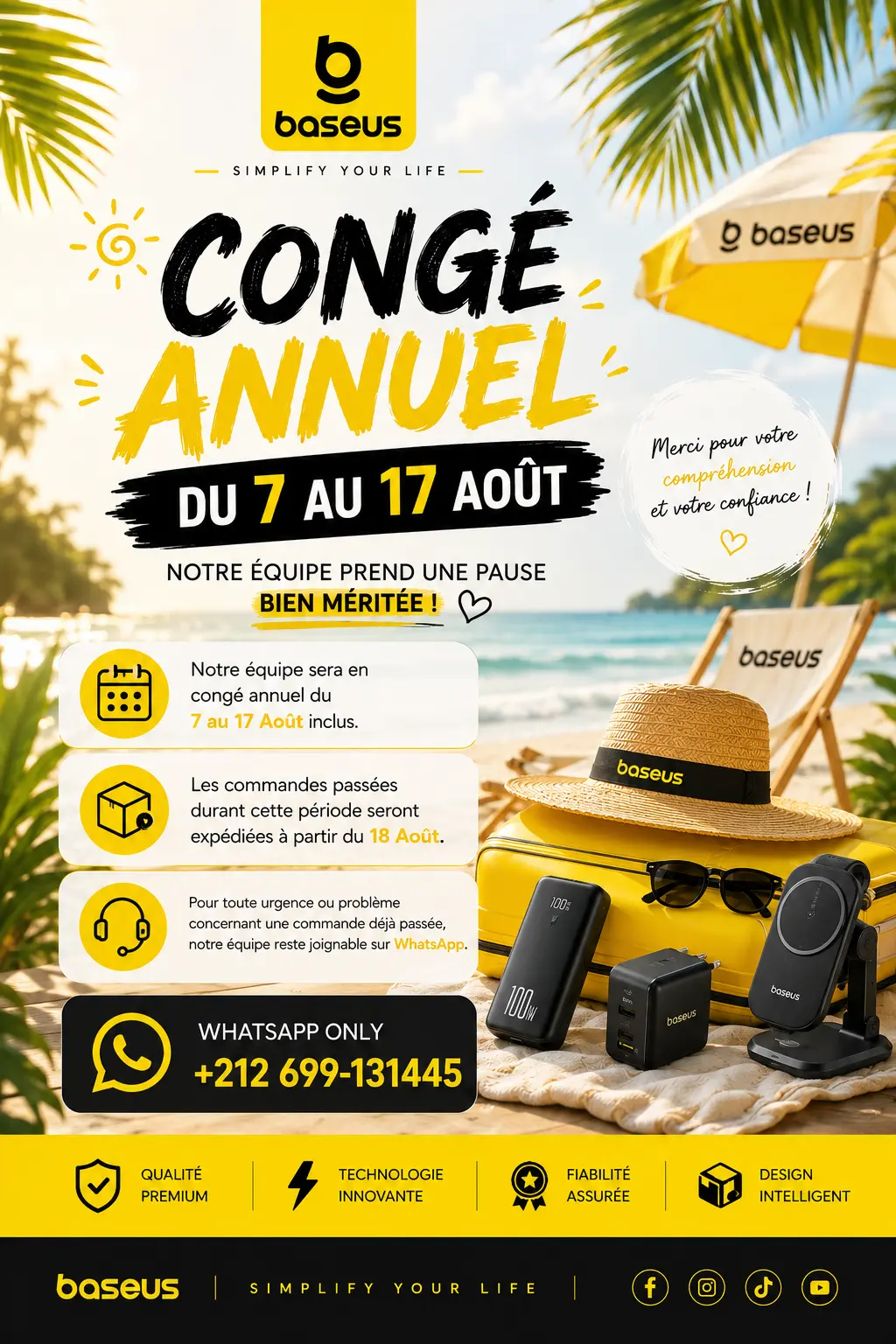 Congé annuel Baseus du 7 au 17 août